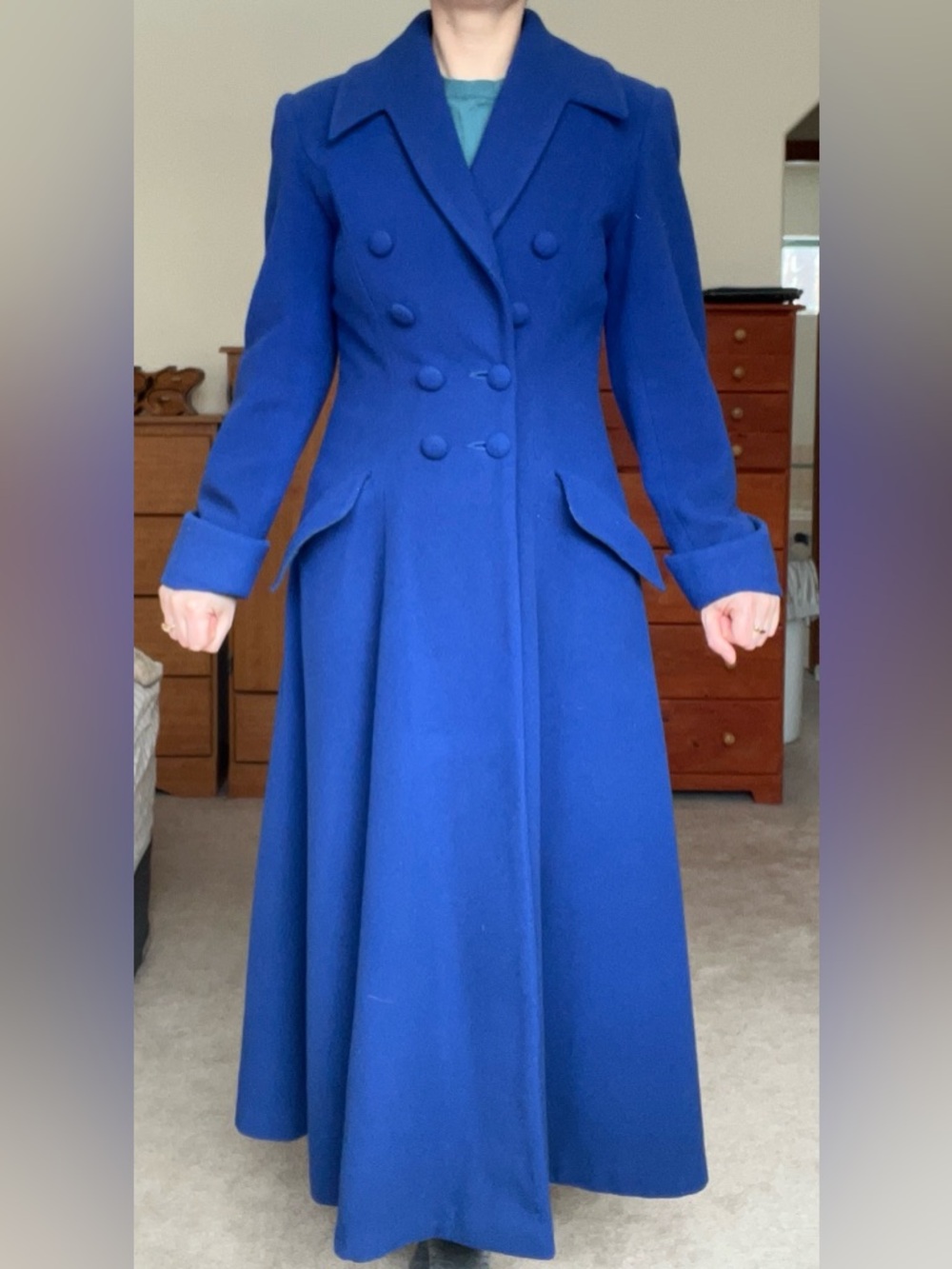 cobalt blue unique A-Line Notched Collar wool and cashmere fitted long coat - Picture 3 of 15